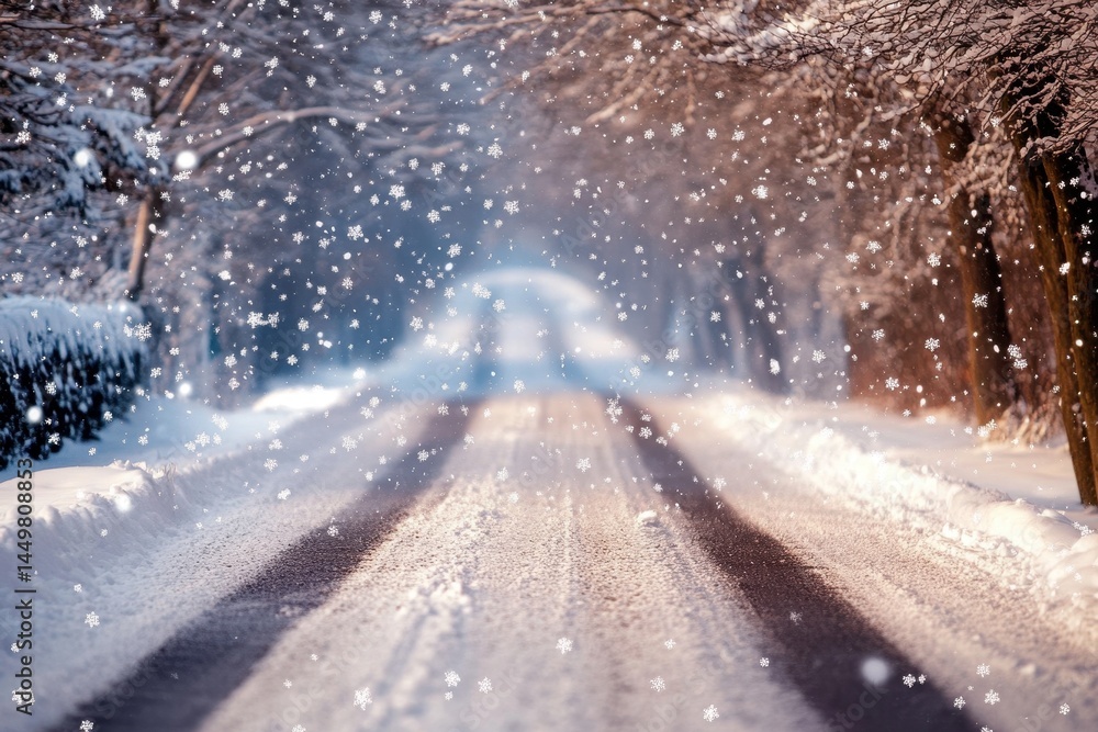 Snow Flake. Winter Road During Snowfall with Blizzard Weather Snow Flake. Winter Road During Snowfall with Blizzard Weather