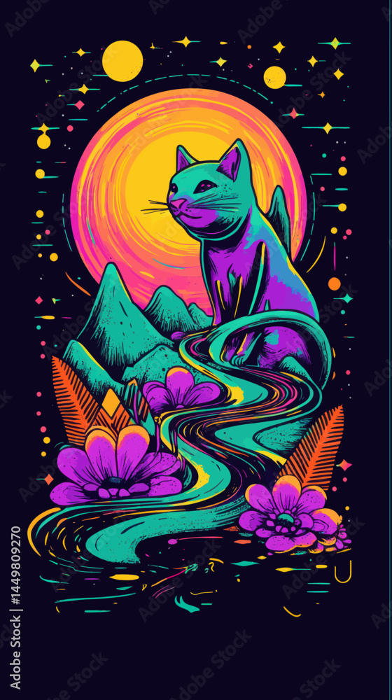 Neon Cat Wonderland: Retro Nature with Vibrant Colors for T-Shirt Design Neon Cat Wonderland: Retro Nature with Vibrant Colors for T-Shirt Design