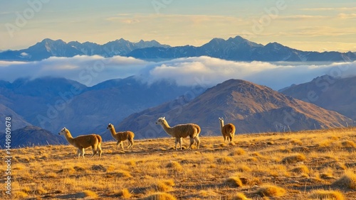 Group of alpacas grazing on mountain plateau under blue sky with clouds Soft w