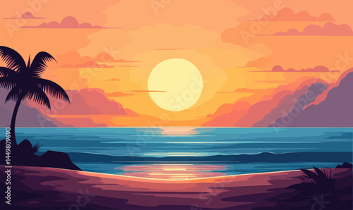 Serene Sunset Beach Scene in Minimalist Vector Style for Tranquil Coastal Designs