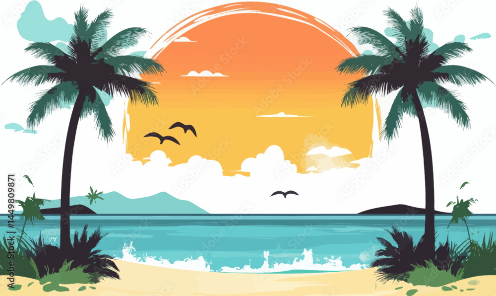 Obraz premium Tropical Beach Scene with Palm Trees and Sunset in Vector Art for Relaxation Themes