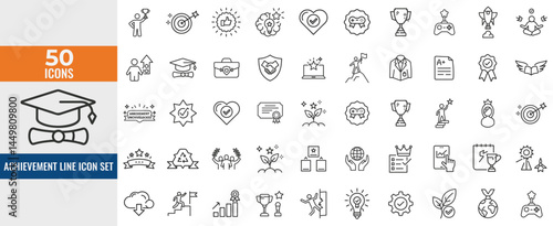 Victory & Achievement Line Icon Set – Thin Linear Vector Symbols of Trophy, First Place Medal, Celebration, Laurel Wreath, Crown & Winner Podium