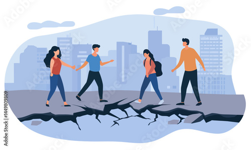 Earthquake Aftermath Illustration with Survivors Helping Each Other on Cracked Ground in City