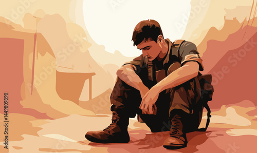 Soldier in Introspective Moment: Minimalist Vector of Post-War Emotional Struggles