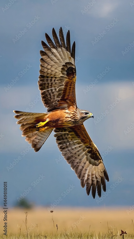 Fototapeta premium Hawk diving at full speed from sky toward prey in open grassland Sharp eyes, w