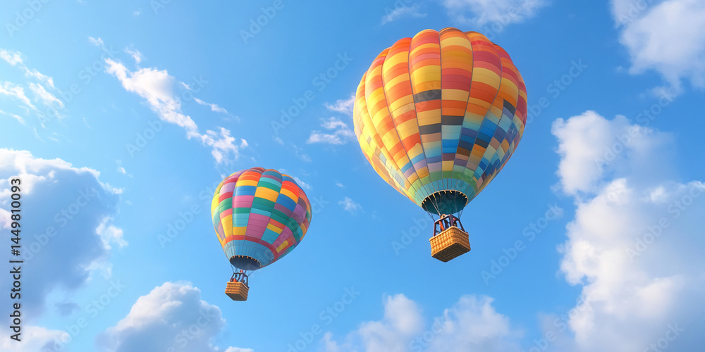 Obraz premium Two colorful hot air balloons ascend against a bright blue sky dotted with fluffy white clouds, symbolizing adventure, freedom, and travel