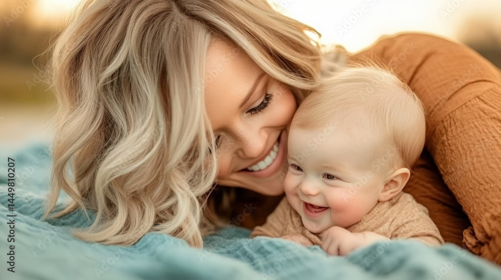 Joyful Mother and Baby Embracing on a Soft Blanket at Sunset Joyful Mother and Baby Embracing on a Soft Blanket at Sunset