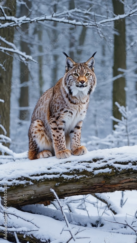 Lynx walking silently across snowy forest with focused gaze Stealth motion, fl Lynx walking silently across snowy forest with focused gaze Stealth motion, fl