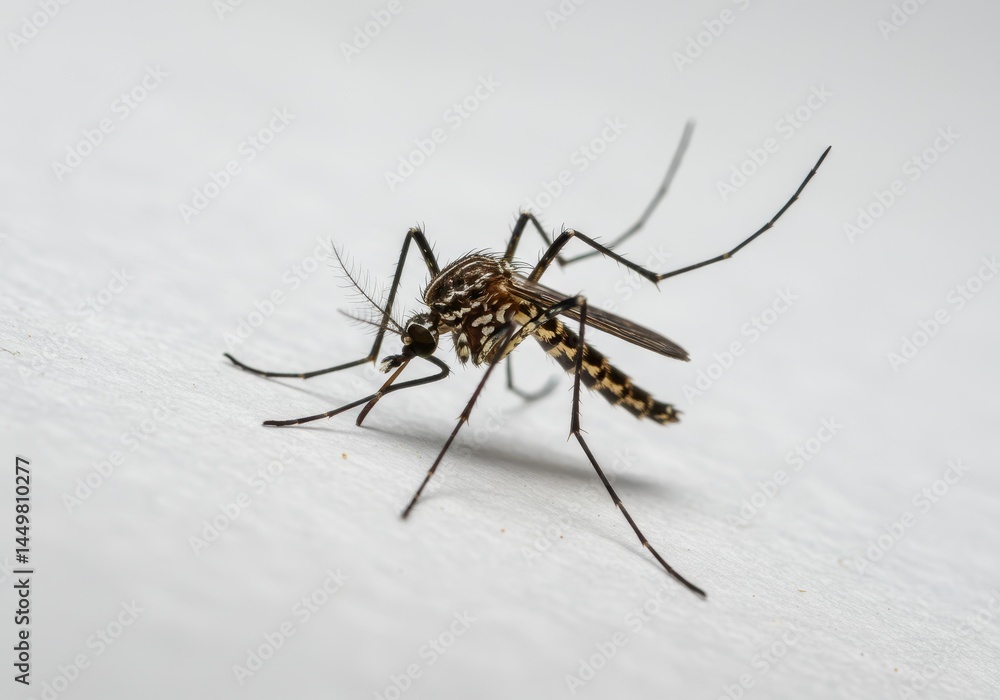 Close-up of aedes mosquito with striped body and long legs against a white background, showcasing its intricate features Close-up of aedes mosquito with striped body and long legs against a white background, showcasing its intricate features