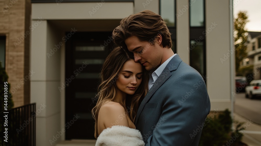 Romantic Couple Embracing in Modern Urban Setting with Soft Lighting Romantic Couple Embracing in Modern Urban Setting with Soft Lighting