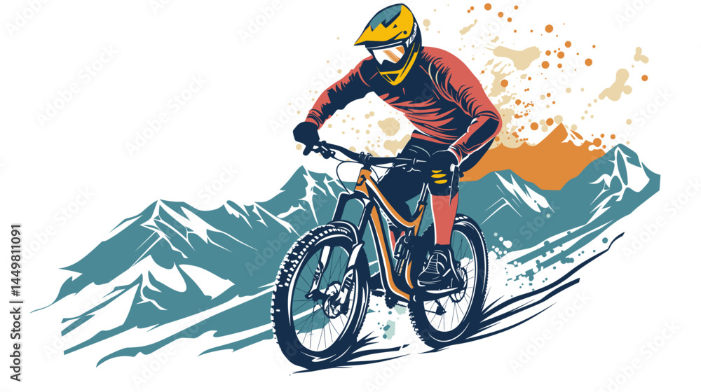 Fototapeta premium vector design for t-shirt of A mountain biker in gear, riding down an alpine trail with mountains behind him., isolated on white, 2d clip art. Outdoors healthy lifestyle, sports activity.