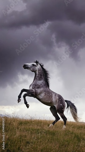 Wild horse standing alone on grassy ridge with storm clouds building behind Fr