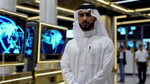 Emirati businessman presenting global business strategy in modern office