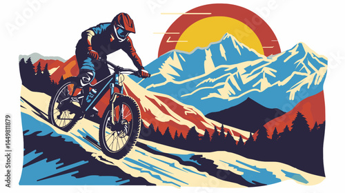 vector design for t-shirt of A mountain biker in gear, riding down an alpine trail with mountains behind him., isolated on white, 2d clip art. Outdoors healthy lifestyle, sports activity.