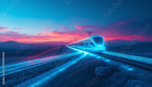 Futuristic Hydrogen Train Amidst Iridescent Sky Landscape, Ethereal Shadows