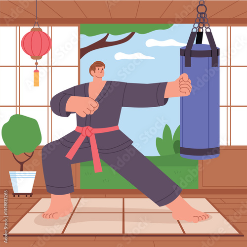 Flat Martial Arts Training Illustration