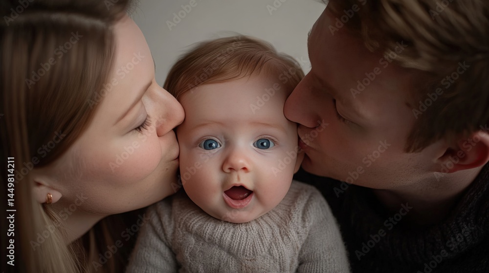 Tender Family Moment: Parents Kissing Baby with Bright Blue Eyes Tender Family Moment: Parents Kissing Baby with Bright Blue Eyes