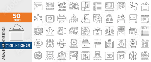 Voting & Election Line Icon Set – Thin Linear Vector Symbols of Democratic Processes, Civic Participation, Ballot Boxes, Candidates, Debates, Voter Engagement & Checkmark
