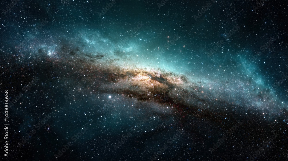 Fototapeta premium A breathtaking view of a galaxy swirling in shades of teal and deep blue, speckled with countless stars.