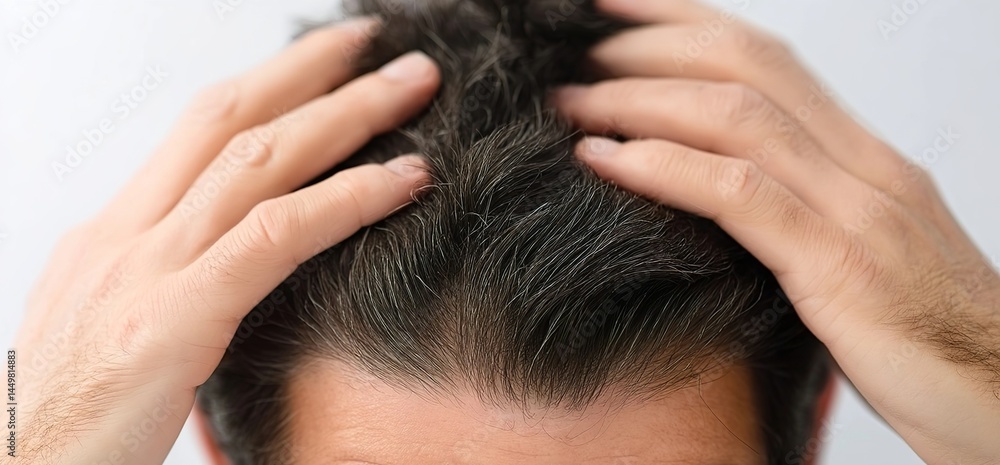 Fototapeta premium Close-up of hands massaging the head, showing signs of hair loss and grey strands on a man's dark