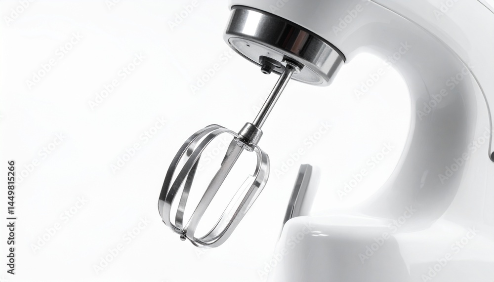 Modern Electric Hand Mixer with Stainless Steel Beaters Facing Down on Isolated White Background Modern Electric Hand Mixer with Stainless Steel Beaters Facing Down on Isolated White Background