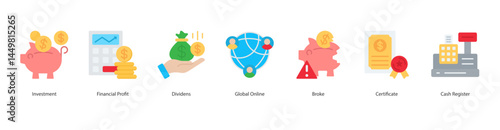 Financial Investment icon sheet investment, financial profit, dividens, global online, broke, certificate, cash register