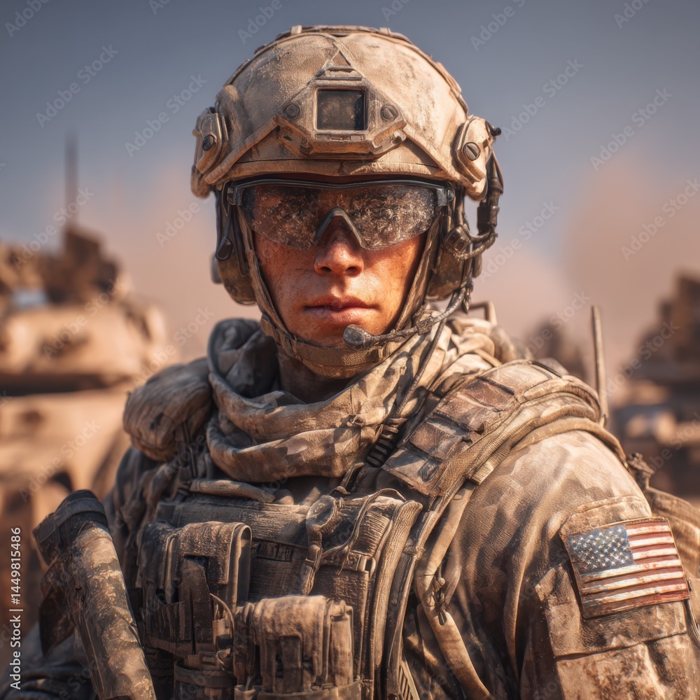 Proud Soldier in Military Uniform Standing Tall Against a Backdrop of Clear Blue Sky Symbolizing Honor Duty and Service to Country and Community