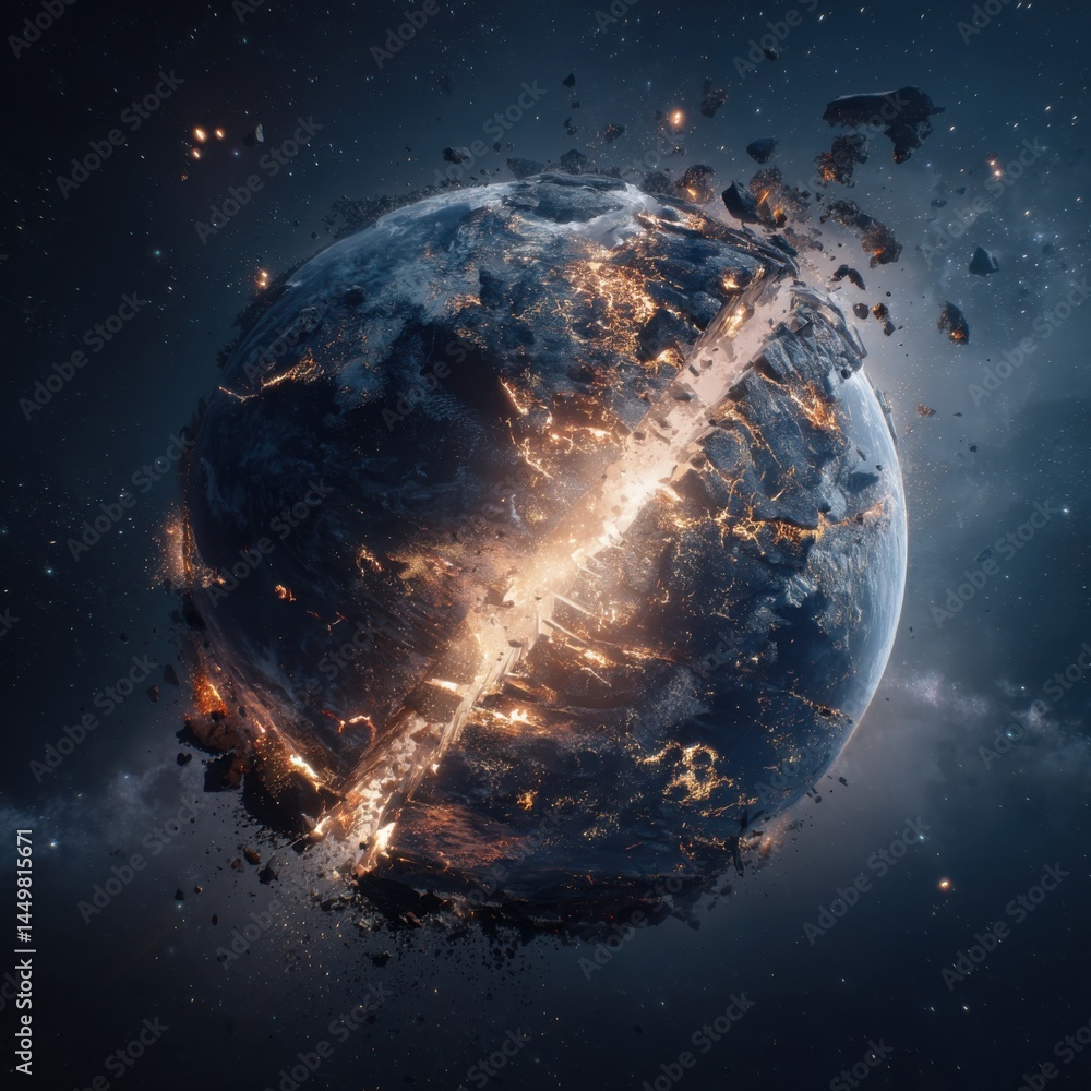 Dramatic Scene of a Large Asteroid Exploding in the Sky with Fiery Fragments and Bright Light Illuminating the Dark Clouds Creating a Sense of Chaos