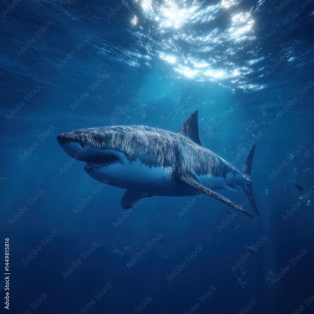 Majestic Great White Shark Gliding Through Crystal Clear Ocean Waters with Sunlight Filtering Through the Surface Creating a Breathtaking Underwater Scene