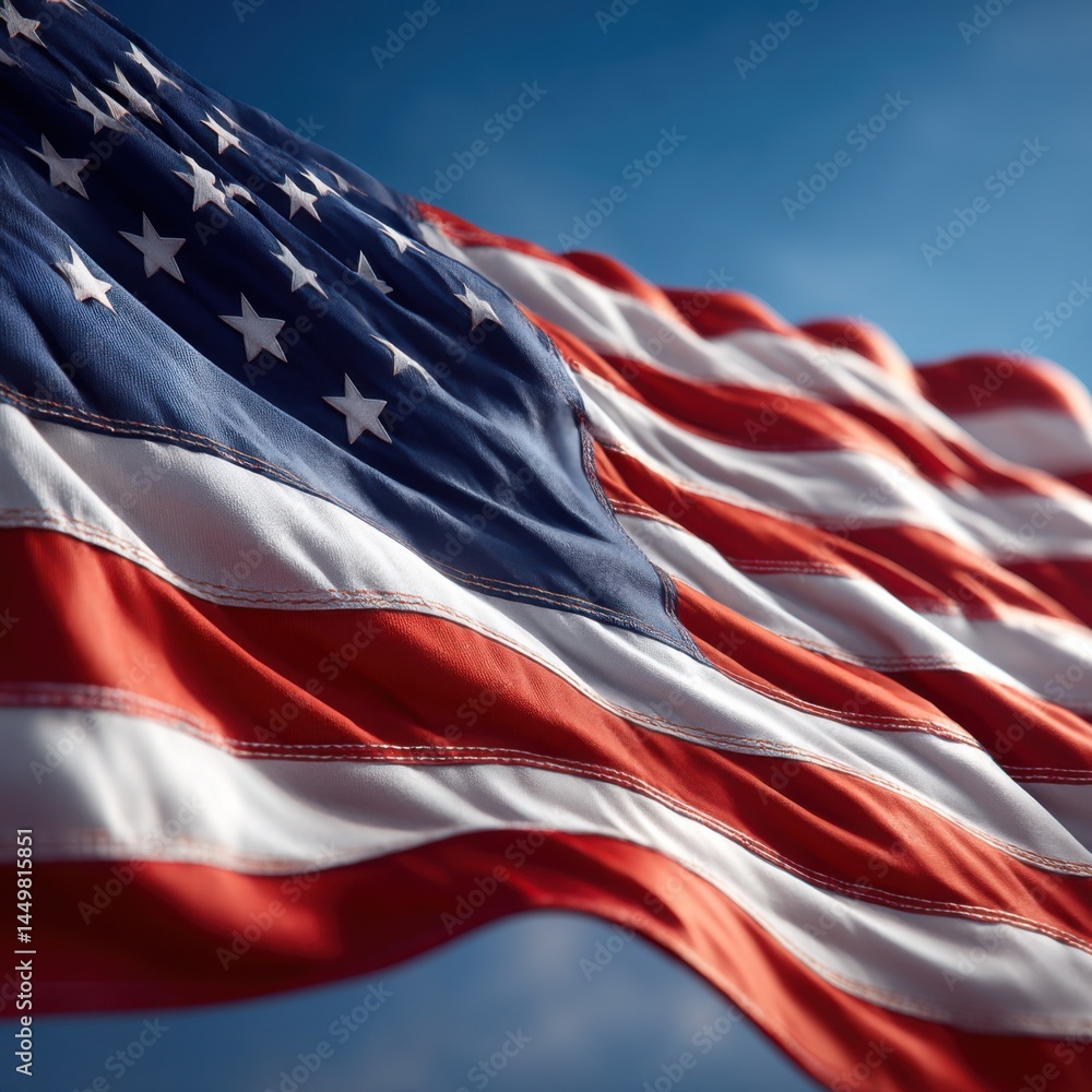 Vibrant Close Up of a Flag Waving Proudly Against a Bright Blue Sky Symbolizing Freedom and Unity with Dynamic Colors and Textures in Motion