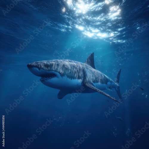 Majestic Great White Shark Gliding Through Crystal Clear Ocean Waters with Sunlight Filtering Through the Surface Creating a Breathtaking Underwater Scene
