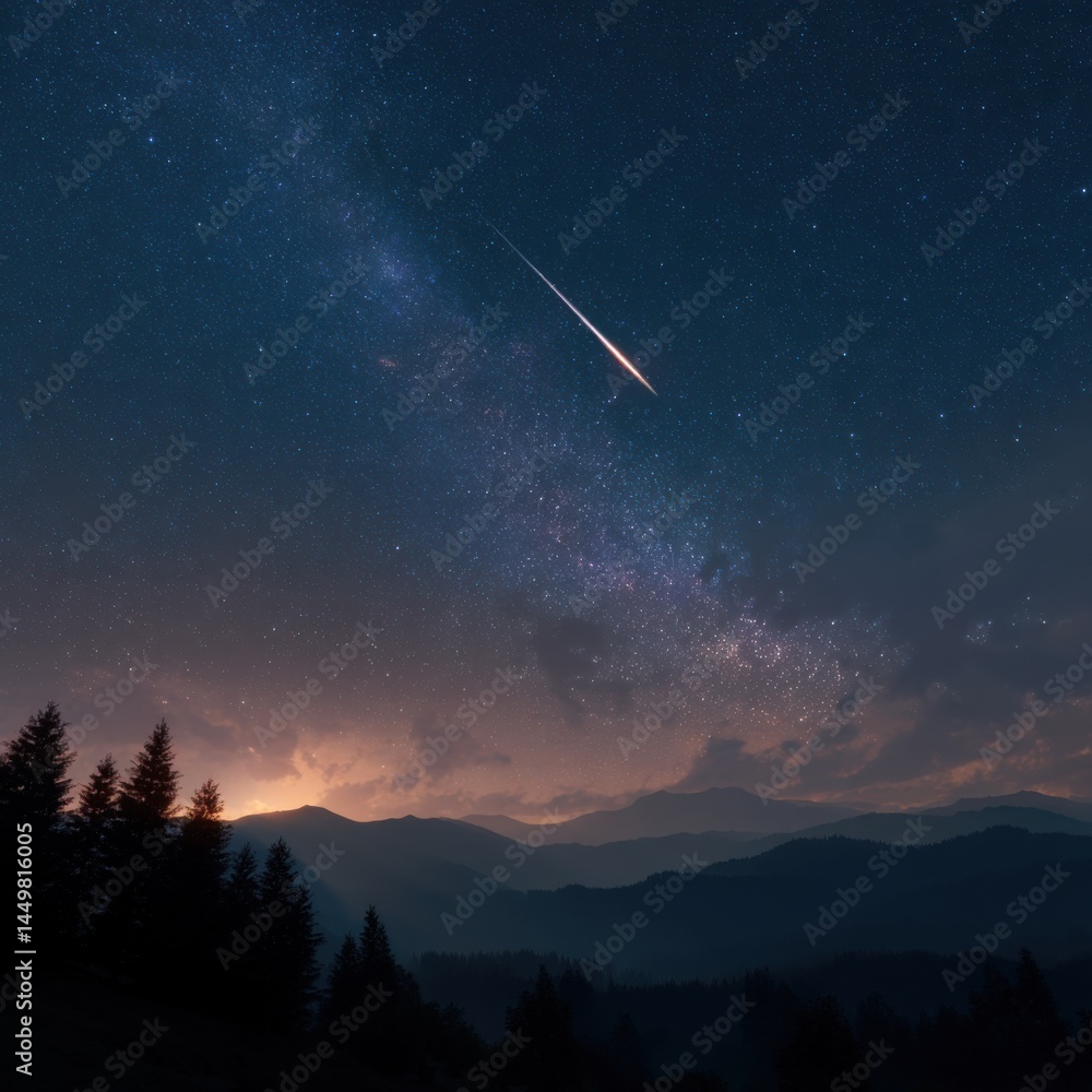 Captivating Night Sky Filled with Twinkling Stars and a Bright Shooting Comet Illuminating the Dark Horizon in a Tranquil Celestial Scene