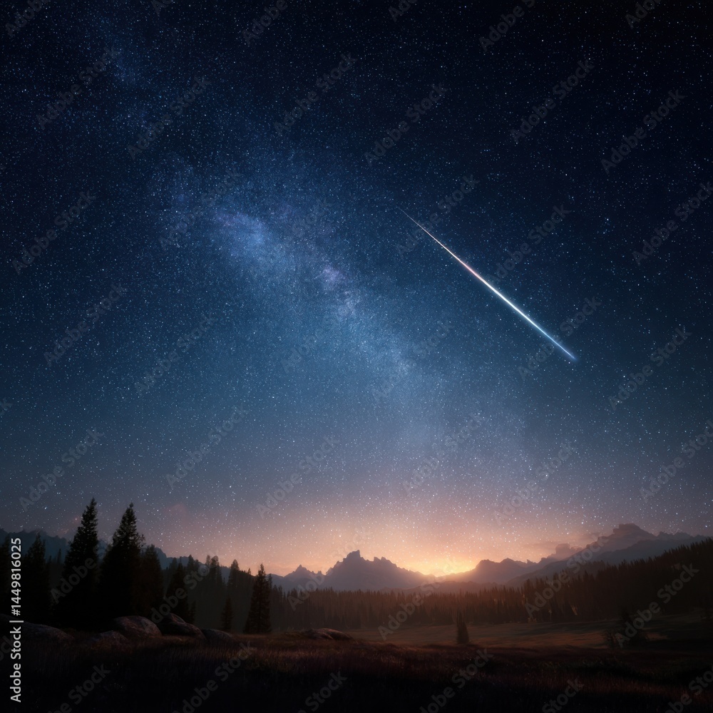 Majestic Shooting Comet Illuminating Serene Mountain Landscape Under Starry Night Sky Evoking Wonder and Awe in Nature's Breathtaking Beauty