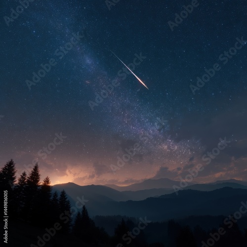 Obraz na płótnie Captivating Night Sky Filled with Twinkling Stars and a Bright Shooting Comet Illuminating the Dark Horizon in a Tranquil Celestial Scene w salonie