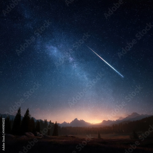 Obraz na płótnie Majestic Shooting Comet Illuminating Serene Mountain Landscape Under Starry Night Sky Evoking Wonder and Awe in Nature's Breathtaking Beauty w salonie