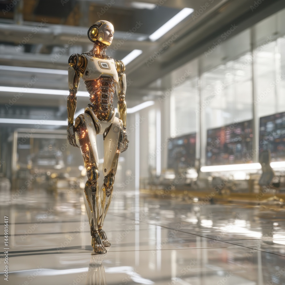 Futuristic Robot Walking Gracefully in a Modern Room with Soft Ambient Lighting and Minimalist Decor Creating an Atmosphere of Innovation and Technology