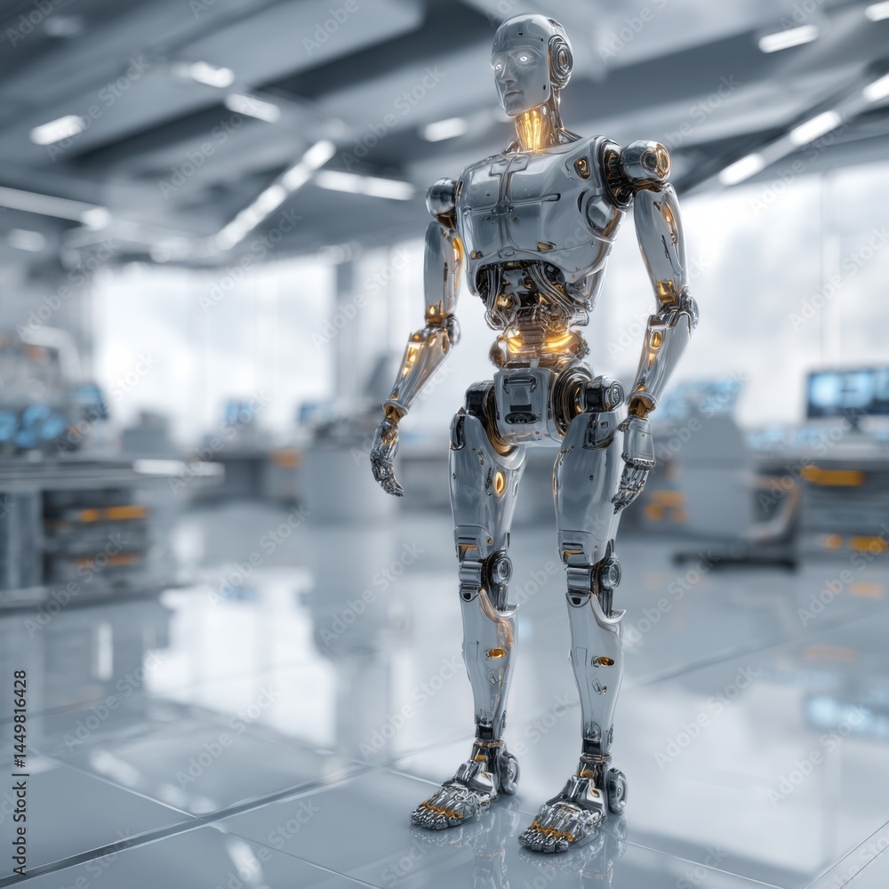 Futuristic Office with a Robot Standing Confidently Amidst Sleek Technology and Innovative Designs Creating a Vision of Tomorrow's Workspace Environment
