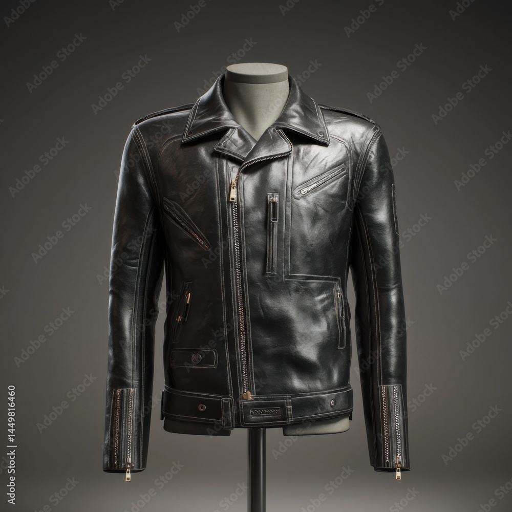 Stylish Black Leather Jacket Displayed on a Male Mannequin Capturing a Bold Fashion Statement in a Studio Setting with Dramatic Lighting Effects