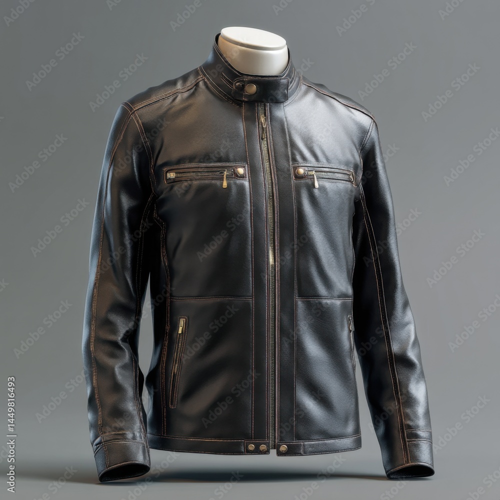 Stylish Black Leather Jacket Accented with a Bold White Collar Perfect for Fashion Enthusiasts Seeking to Make a Statement in Urban Environments
