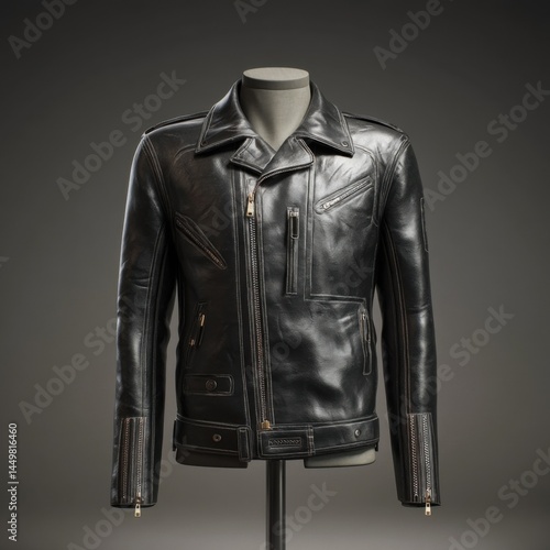 Stylish Black Leather Jacket Displayed on a Male Mannequin Capturing a Bold Fashion Statement in a Studio Setting with Dramatic Lighting Effects