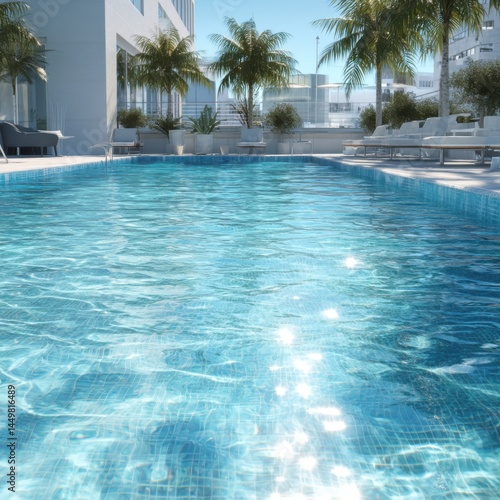 Obraz na płótnie Expansive Crystal Clear Swimming Pool Surrounded by Lush Greenery and Sunlit Deck Creating a Relaxing Oasis for Leisure and Recreation in Sunny Weather w salonie