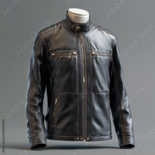 Obraz na płótnie Stylish Black Leather Jacket Accented with a Bold White Collar Perfect for Fashion Enthusiasts Seeking to Make a Statement in Urban Environments w salonie