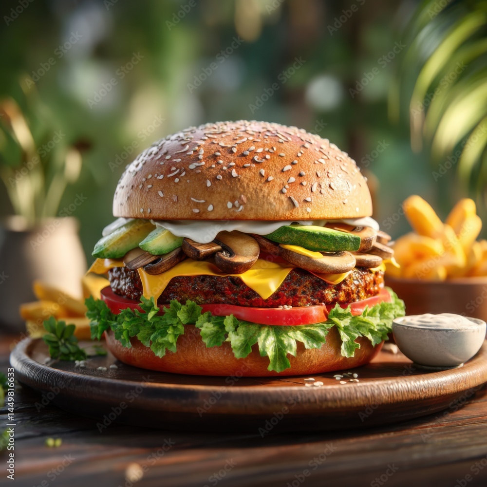 Delicious Hamburger with Fresh Lettuce and Melted Cheese Served on Rustic Wooden Plate Capturing a Mouthwatering Culinary Experience and Comfort Food Vibe
