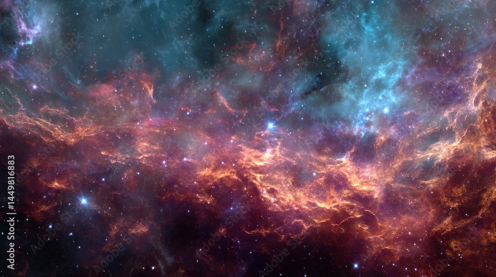 A breathtaking view of a nebula, showcasing vibrant hues of orange, pink, and blue, speckled with countless stars. A breathtaking view of a nebula, showcasing vibrant hues of orange, pink, and blue, speckled with countless stars.