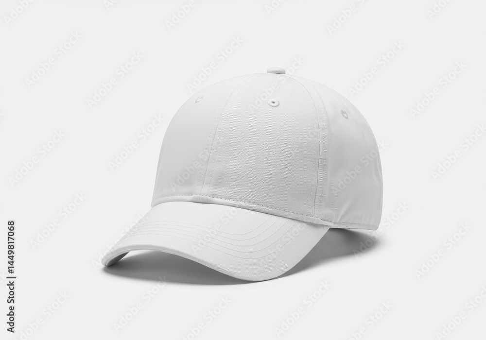 Fototapeta premium A plain white baseball cap sits on a white surface in a studio setting with soft lighting