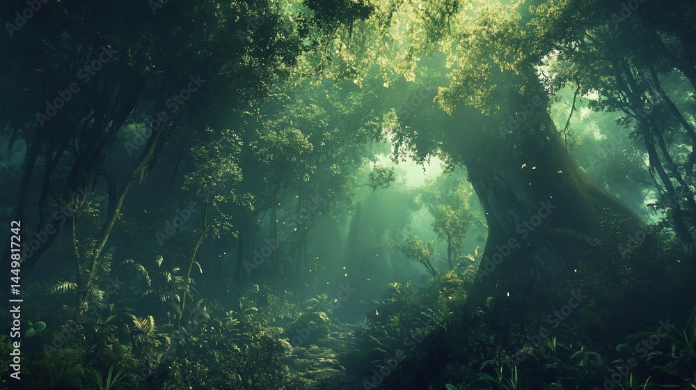 Enchanted mystical forest with glowing fireflies and ethereal sun rays Enchanted mystical forest with glowing fireflies and ethereal sun rays