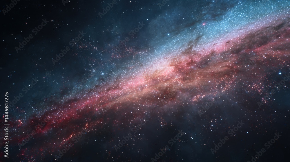 Naklejka premium A breathtaking view of a nebula, showcasing a vibrant mix of pink, red, and blue hues against a backdrop of countless stars.