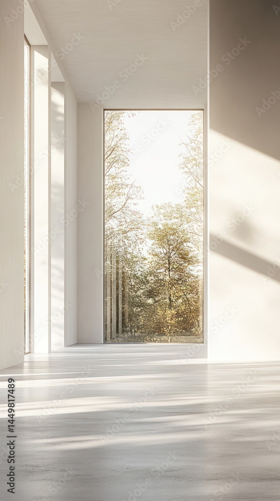 Fototapeta premium Modern interior with a large window showcasing a tranquil forest scene.