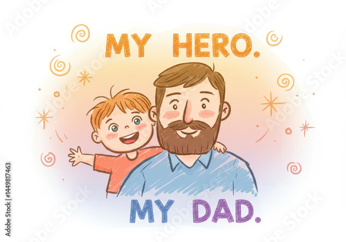 Father, dad with a small child, son. The boy smiles, waves his hand. Nearby is the inscription My dad. My hero. The concept of the holiday Father's Day. Family, love. Greeting card.