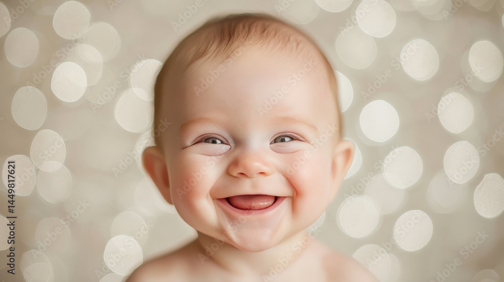 Adorable Baby Smiling Cheerfully with Sparkling Background Bokeh Effects